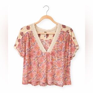Free People Floral Crochet Trim Cropped Boho Top Medium